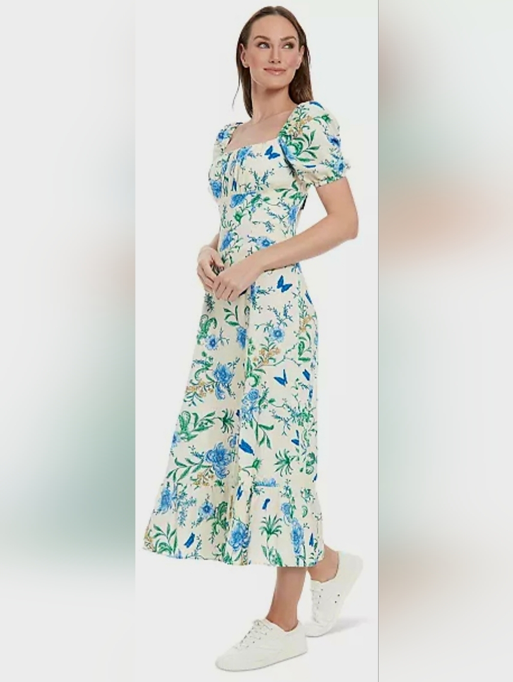 London Times Kristin Linen/Viscose Floral/Butterfly Puff-Sleeve Midi Dress 8/Med